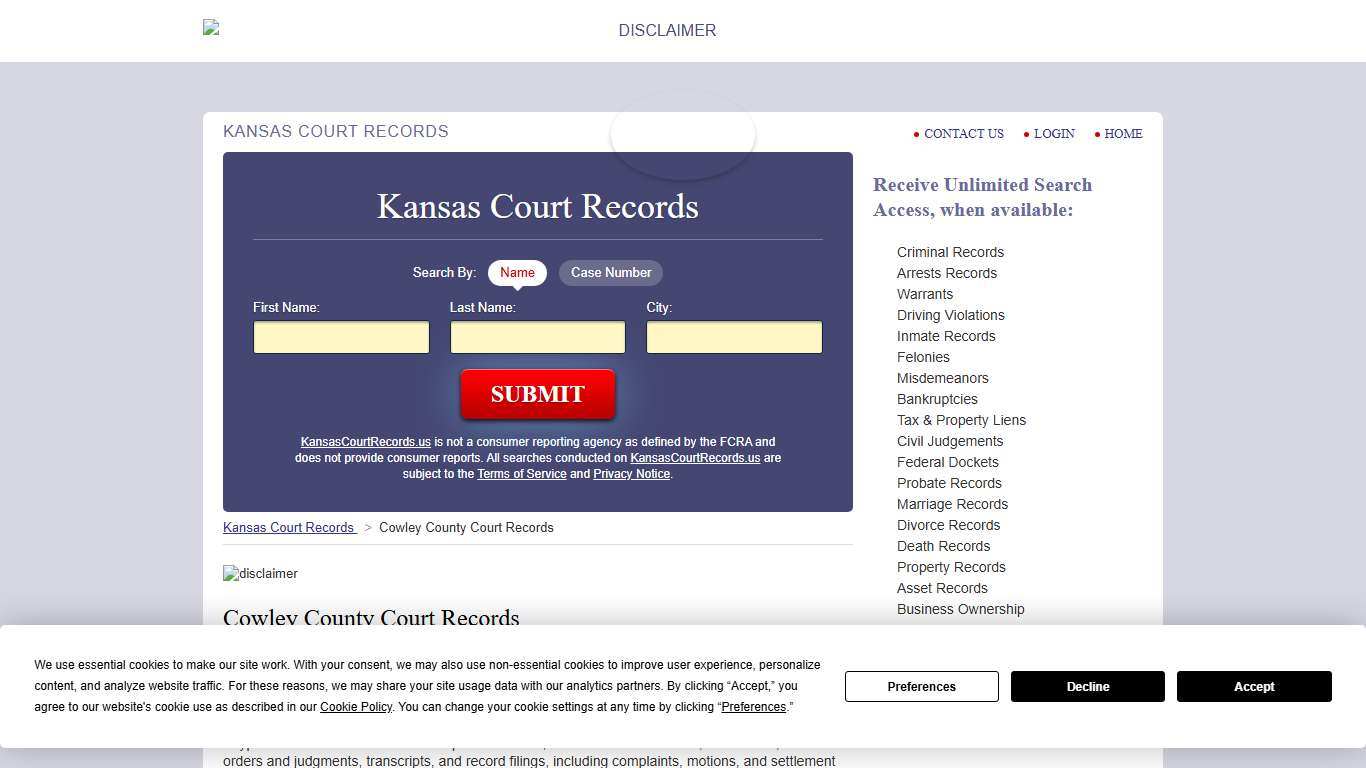Cowley County Court Records KansasCourtRecords.us