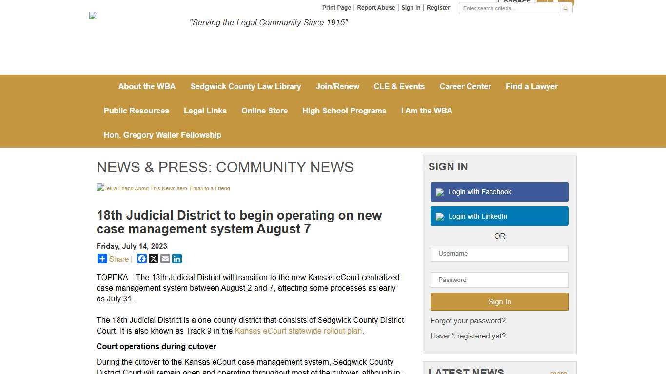 18th Judicial District to begin operating on new case management system August 7 - Wichita Bar Association