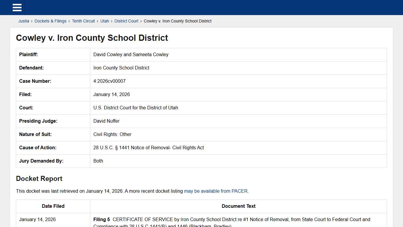 Cowley v. Iron County School District 4:2026cv00007 U.S. District Court for the District of Utah Justia