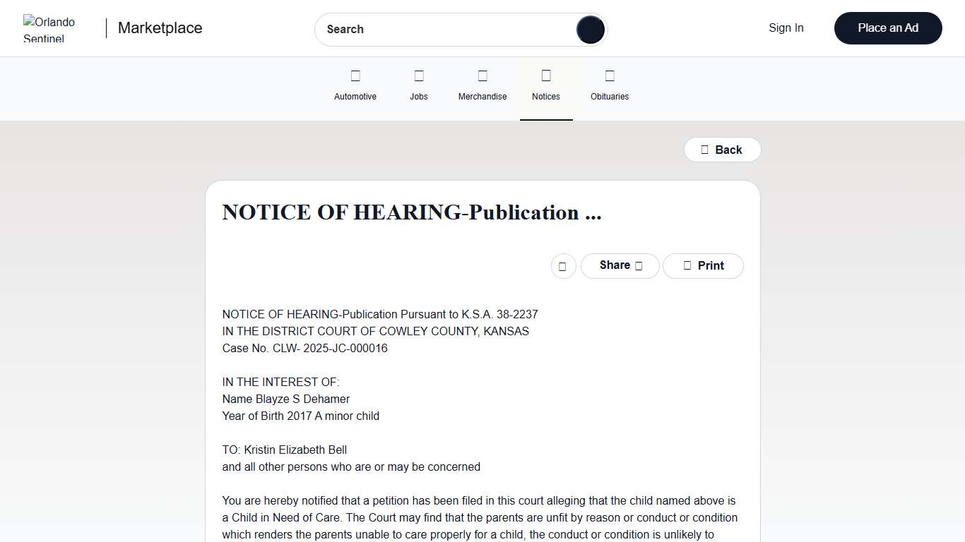 Orlando Sentinel Notices NOTICE OF HEARING-Publication ...